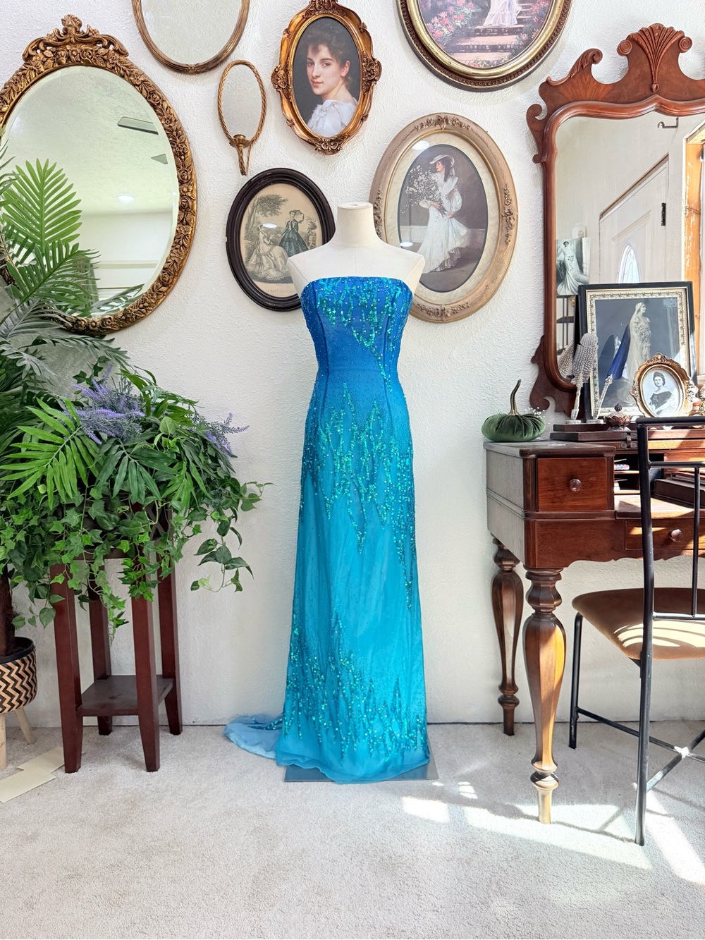Strapless Turquoise Evening Gown with Sequin Embellishment